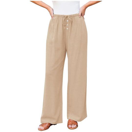 Damen Leinenoptik-Hose mit weitem Bein, Gummizug-Taille, Tunnelzug und Knopfdetail Nord Taschen