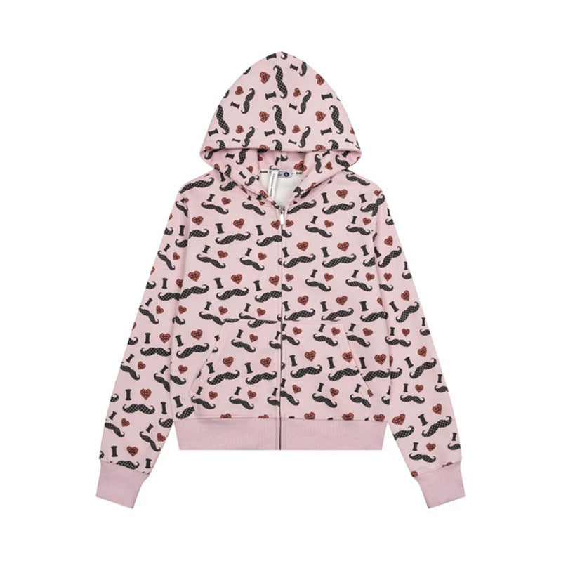 Damen Kurze Kapuzen‑Sweatjacke im Grafik-Print mit Rippbündchen und Kängurutaschen Nord Taschen