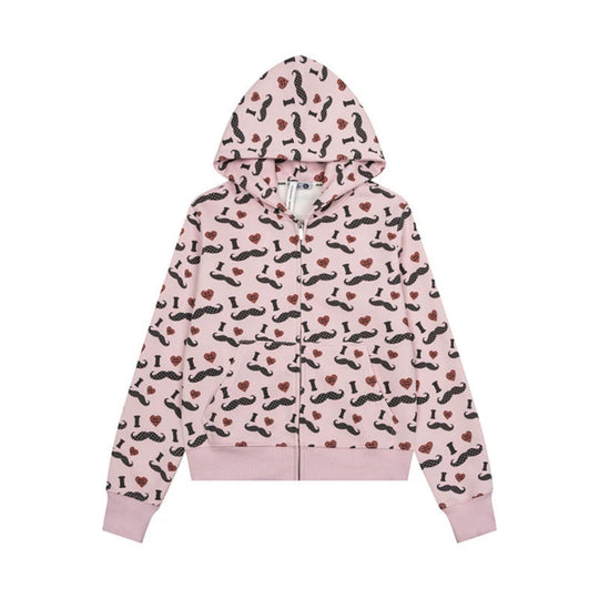 Damen Kurze Kapuzen‑Sweatjacke im Grafik-Print mit Rippbündchen und Kängurutaschen Nord Taschen