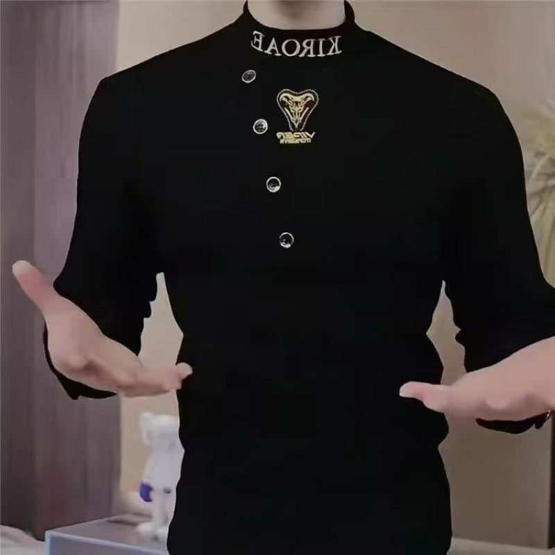 Herren Enganliegendes Langarmshirt mit Stehkragen, asymmetrischer Knopfleiste und Logo-Stick Nord Taschen