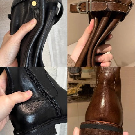 Damen kniehohe Lederstiefel mit flacher Profilsohle und Ziergurt Nord Taschen