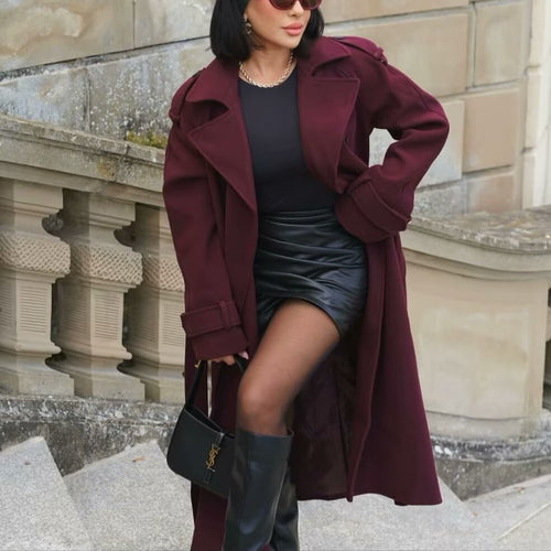 Damen Maxilanger Wollmix-Trenchcoat mit Schulterpasse, Bindegürtel und Krempelärmeln Nord Taschen