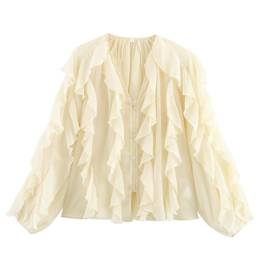 Damen Volant-Chiffonbluse mit V‑Ausschnitt, Knopfleiste und Ballonärmeln Nord Taschen