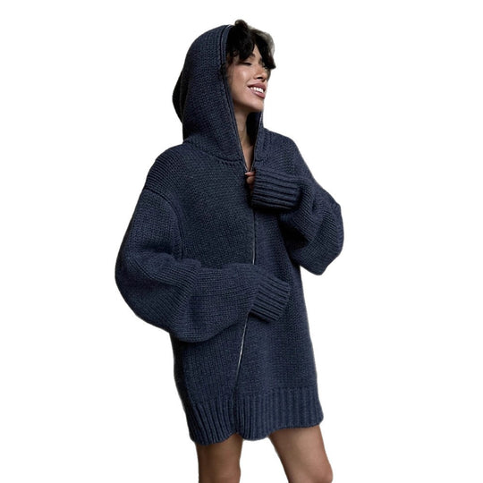 Damen Oversize Kapuzen-Strickcardigan mit Reißverschluss Nord Taschen