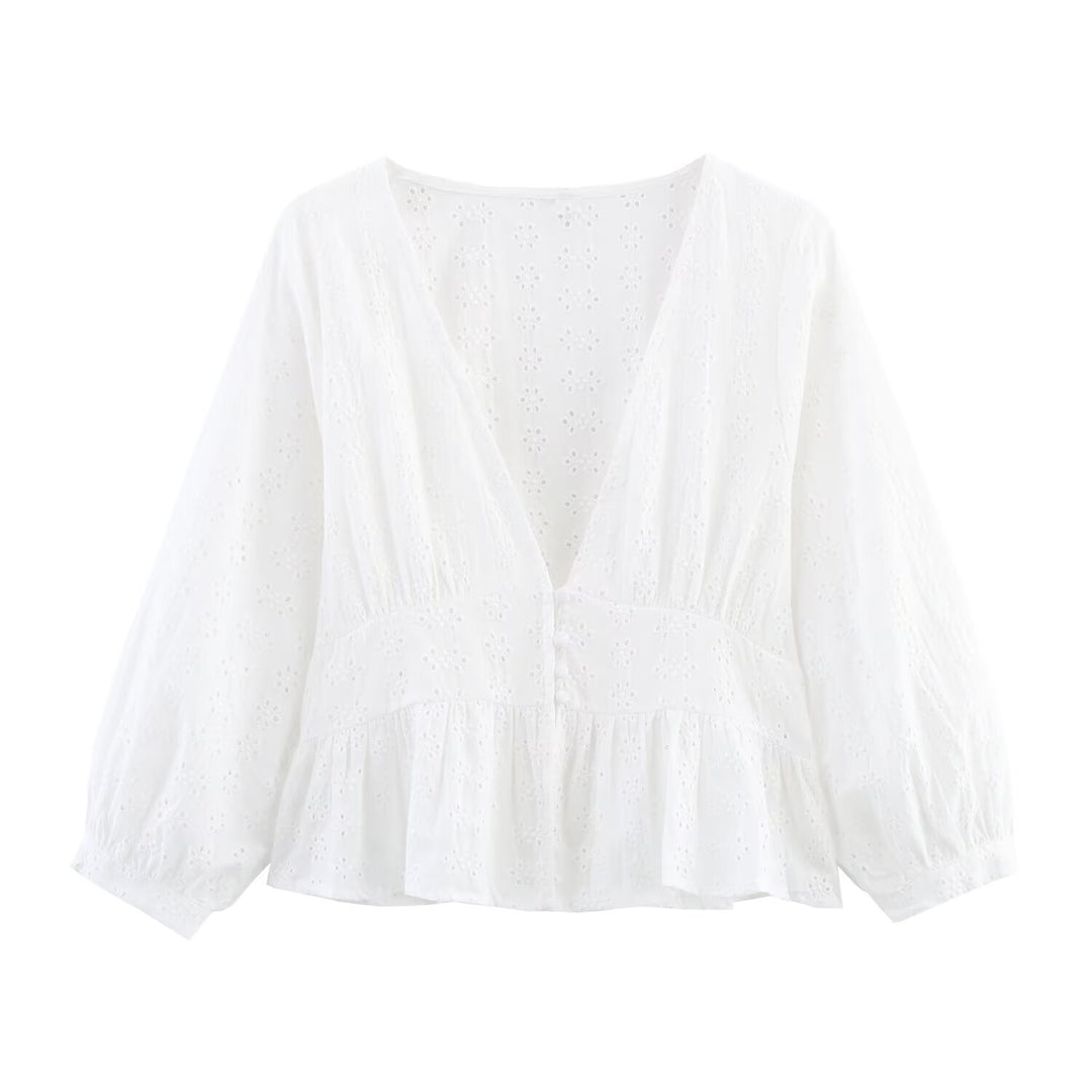 Damen Weiche Broderie-Anglaise-Bluse mit tiefem V‑Ausschnitt, Taillennaht und Volant Nord Taschen