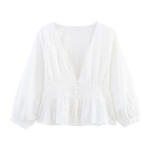 Damen Weiche Broderie-Anglaise-Bluse mit tiefem V‑Ausschnitt, Taillennaht und Volant Nord Taschen