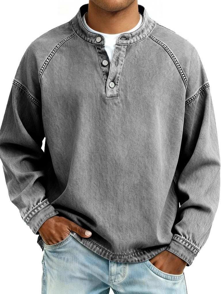 Herren Langarm-Henley Sweatshirt mit Stehkragen und Vintage-Denim-Effekt Nord Taschen