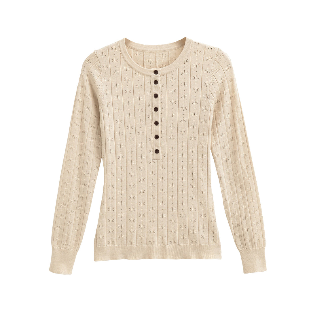 Damen Feinstrick-Longsleeve mit Knopfleiste und Strukturstrick Nord Taschen