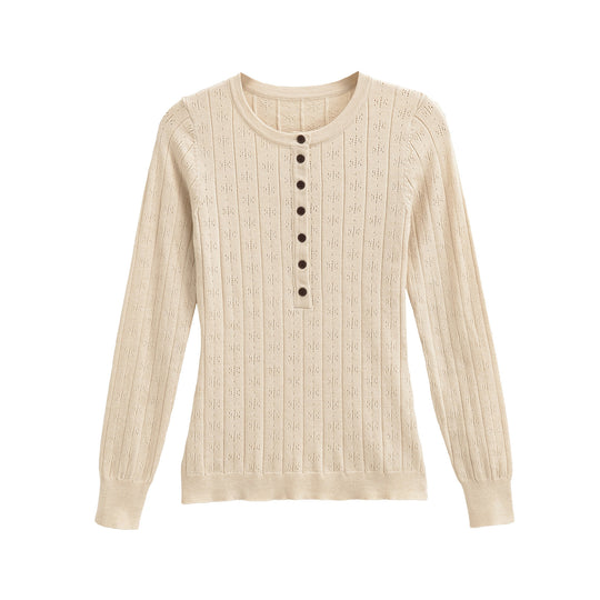Damen Feinstrick-Longsleeve mit Knopfleiste und Strukturstrick Nord Taschen