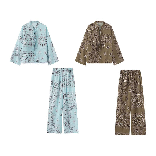 Damen Zweiteiliges Satinoptik-Lounge-Set mit Paisley-Print, Kimonokragen-Bluse und weiter Culotte-Hose Nord Taschen
