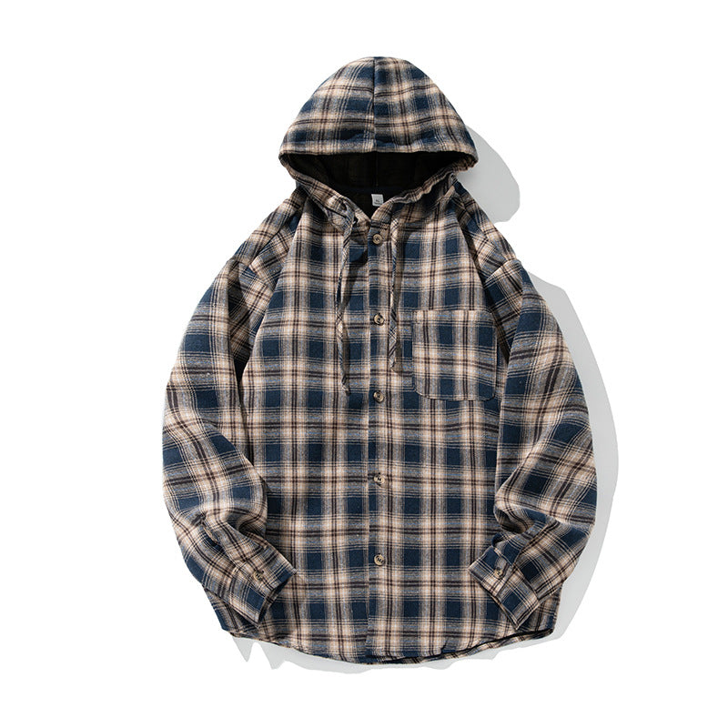 Unisex Kapuzen-Flanell-Overshirt im Karomuster mit Knopfleiste und Brusttasche Nord Taschen