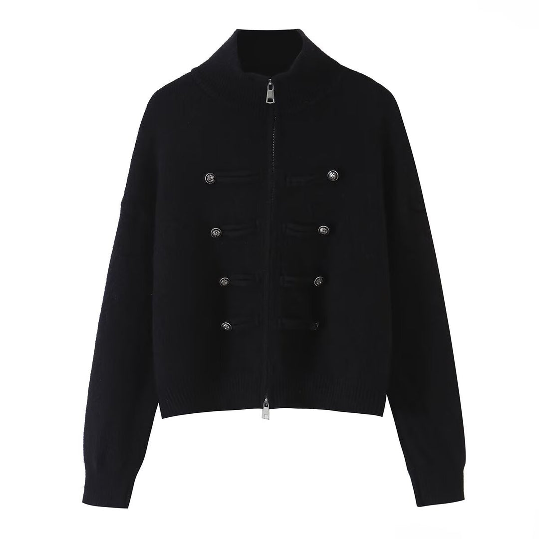 Damen Strickjacke mit Stehkragen, Reißverschluss und dekorativen Knotenblenden Nord Taschen