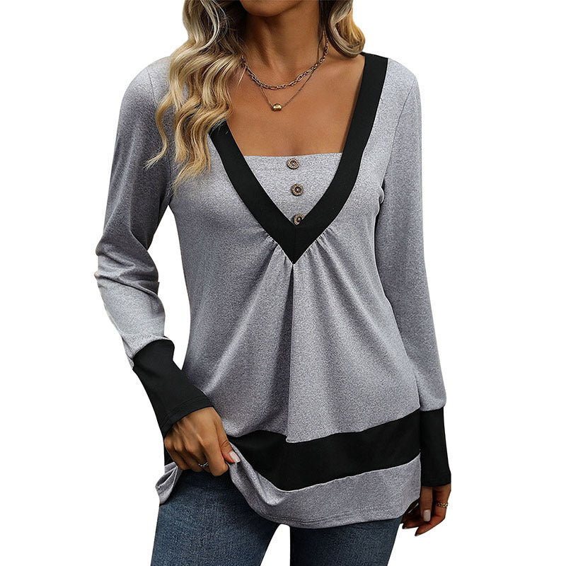 Damen Longsleeve mit tiefem V-Ausschnitt, Zierknopfleiste und Kontrastbordüren Nord Taschen