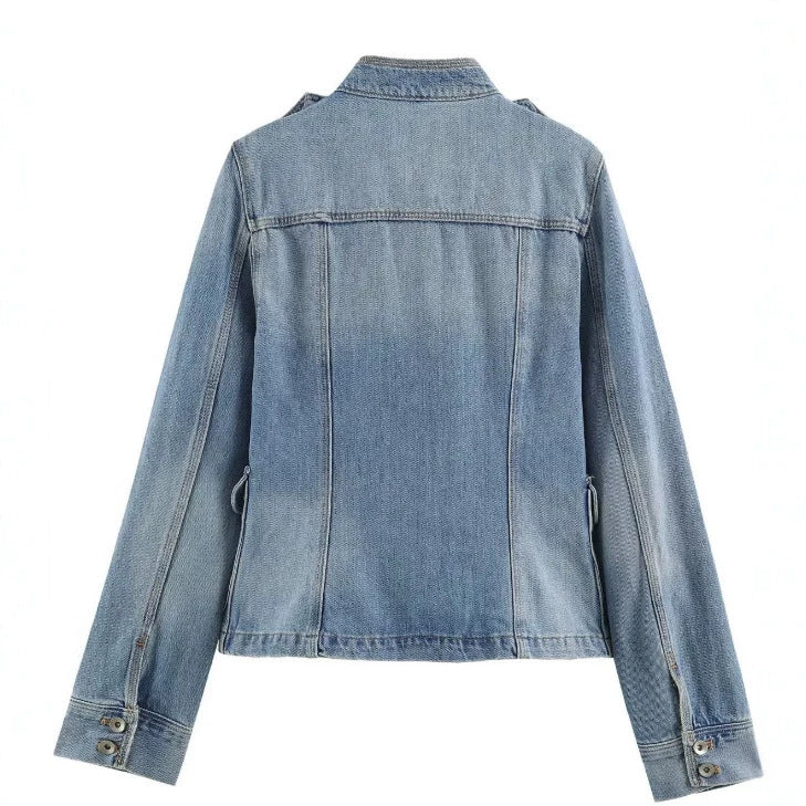 Damen Jeansjacke im Utility-Look mit Stehkragen, Pattentaschen und Schulterpatten Nord Taschen