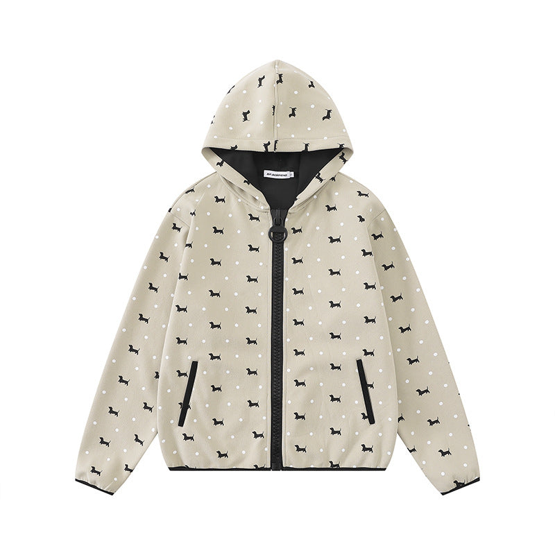 Damen Leichte Kapuzen-Zipjacke mit Hundesilhouette und Tupfen-Allover Nord Taschen
