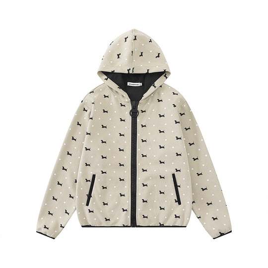 Damen Leichte Kapuzen-Zipjacke mit Hundesilhouette und Tupfen-Allover Nord Taschen