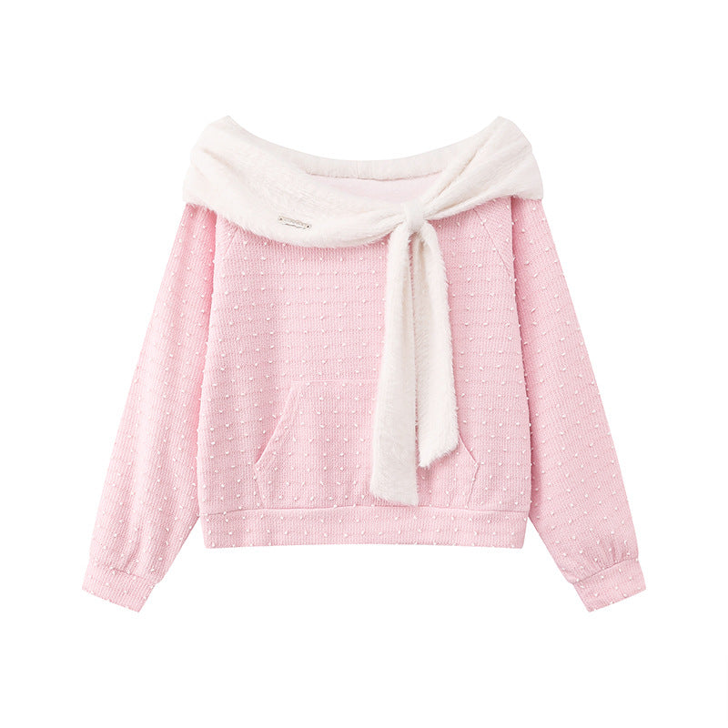 Damen Kuscheliger Strickpullover mit großem Faux-Fur-Schalkragen und Kängurutasche Nord Taschen