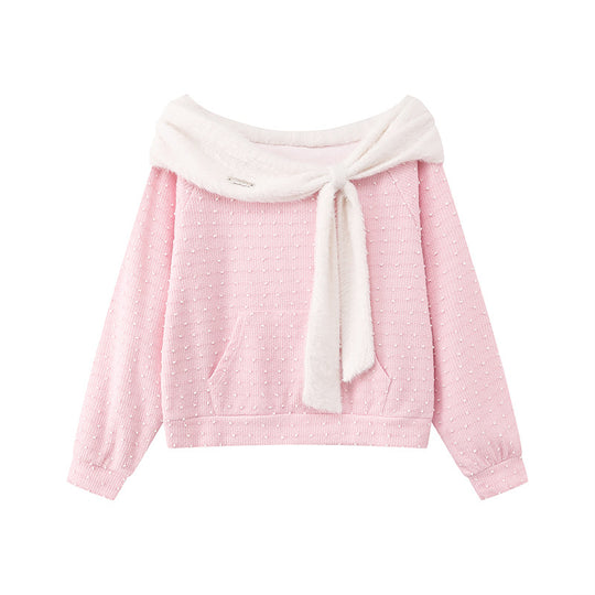 Damen Kuscheliger Strickpullover mit großem Faux-Fur-Schalkragen und Kängurutasche Nord Taschen
