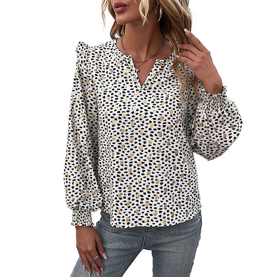 Damen Leichte Chiffonbluse mit gesmokten Ärmelbündchen, V‑Ausschnitt und feinem Animal‑Print Nord Taschen