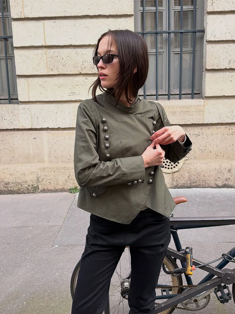 Damen Militärinspirierte Kurzjacke mit Stehkragen und Zierknopfleiste Nord Taschen