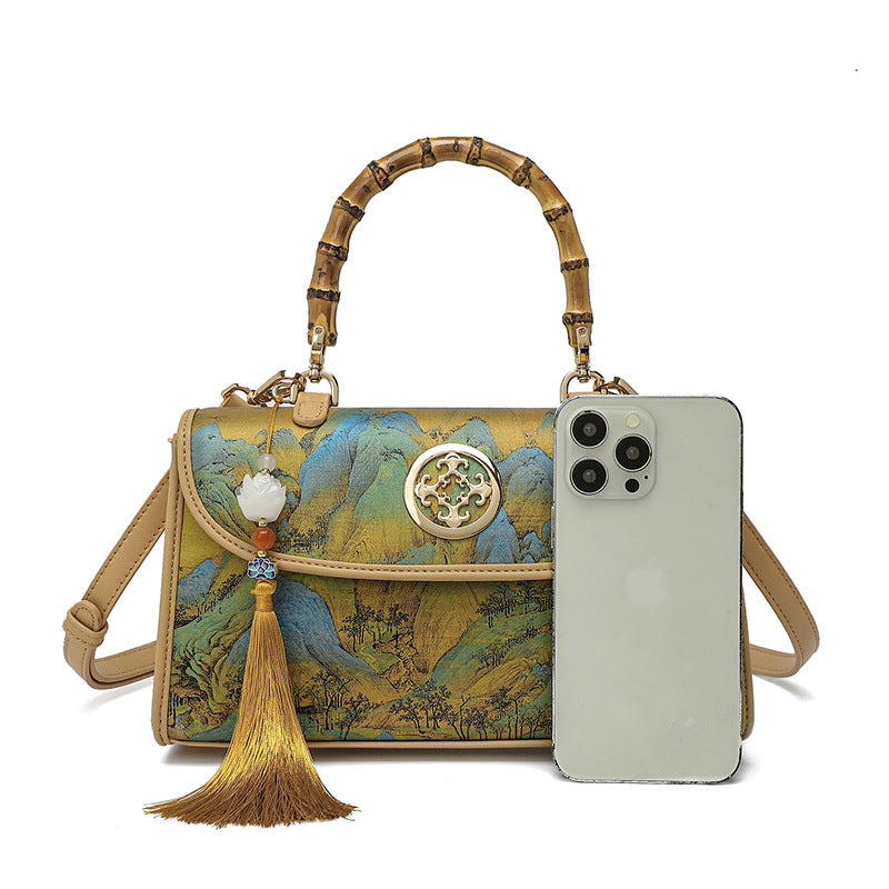 Damen elegante Handtasche mit Bambusgriff und kunstvollem Landschaftsmotiv Nord Taschen