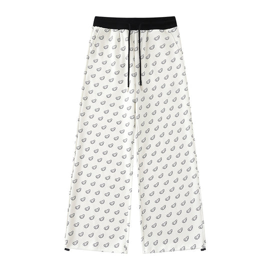 Damen Weite Palazzo-Loungehose mit elastischem Komfortbund, Kordelzug und Allover-Mini-Icon-Print Nord Taschen