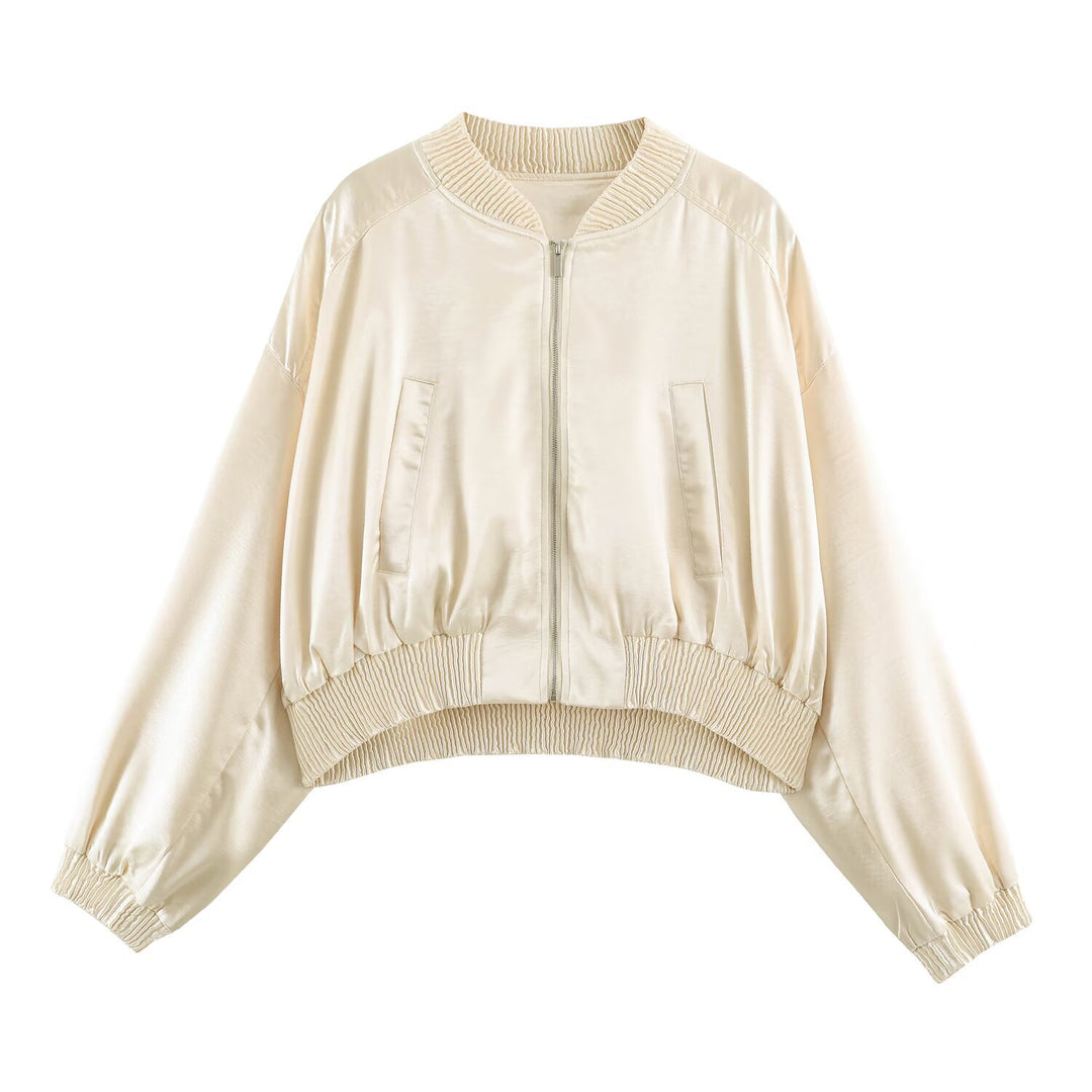 Damen Seidiger Cropped Bomber mit gerafftem Saum, Raglanärmeln und Eingrifftaschen Nord Taschen