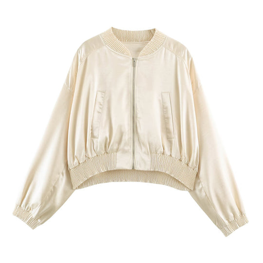Damen Seidiger Cropped Bomber mit gerafftem Saum, Raglanärmeln und Eingrifftaschen Nord Taschen