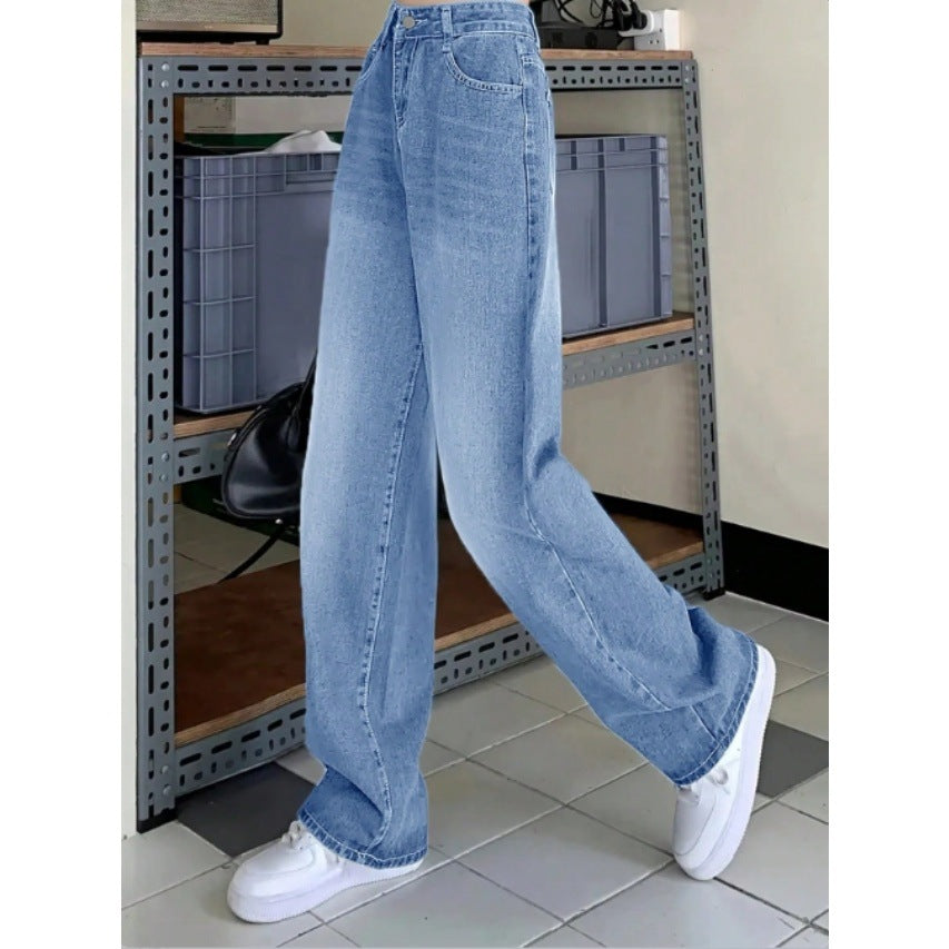 Damen weite High-Waist Baggy-Jeanshose mit geradem Bein Nord Taschen