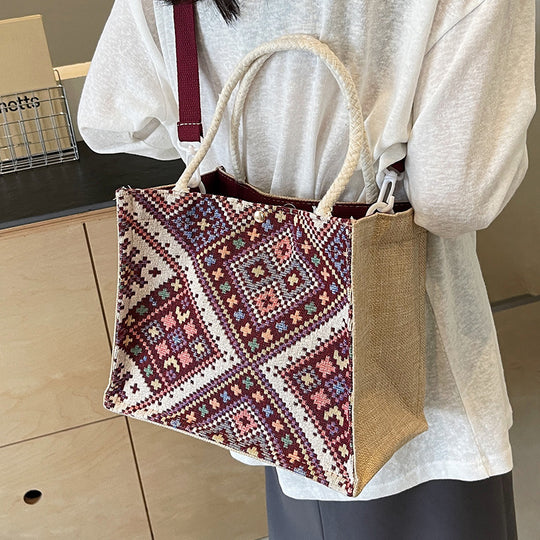 Damen Jute-Tasche mit kunstvollem geometrischen Muster Nord Taschen