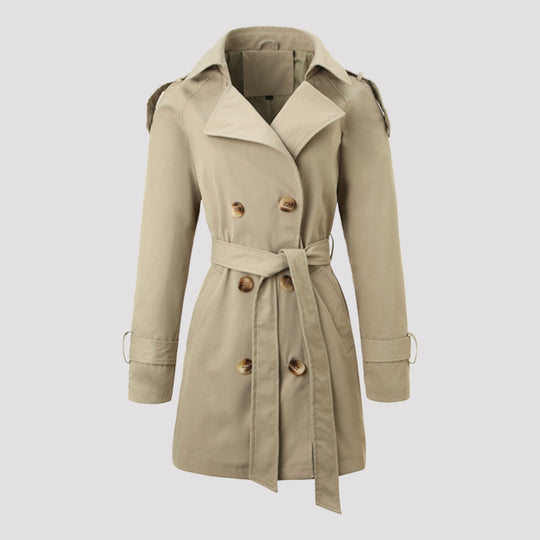 Damen Taillierter Trenchcoat mit Bindegürtel, Schulterriegeln und Metallring-Details Nord Taschen