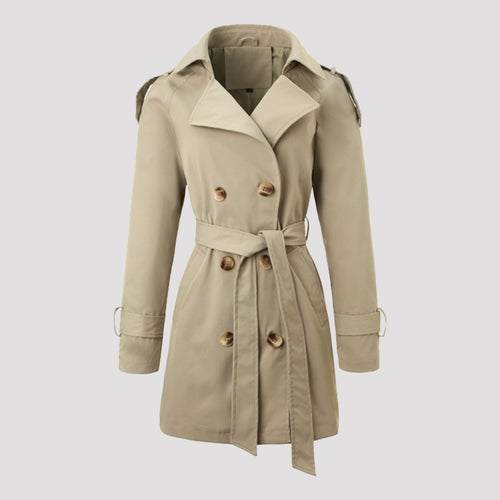 Damen Taillierter Trenchcoat mit Bindegürtel, Schulterriegeln und Metallring-Details Nord Taschen