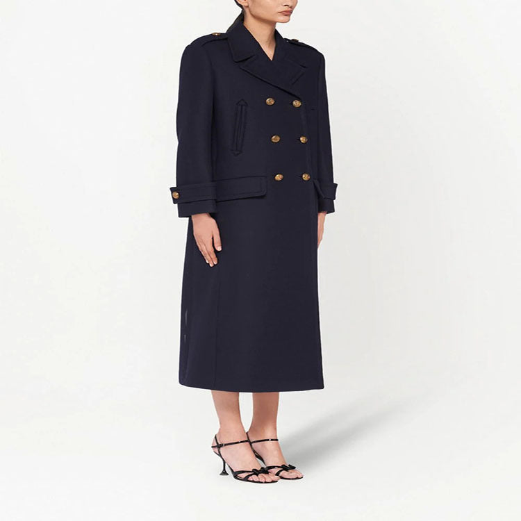 Damen Doppelreihiger militärinspirierter Maxi‑Wollmantel mit Epauletten und Zierriegeln Nord Taschen