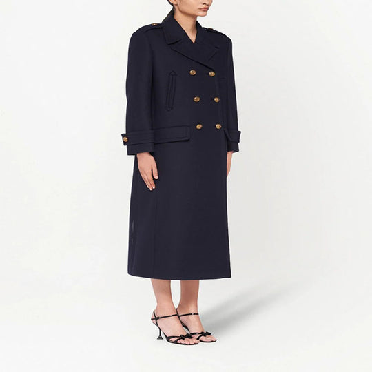 Damen Doppelreihiger militärinspirierter Maxi‑Wollmantel mit Epauletten und Zierriegeln Nord Taschen