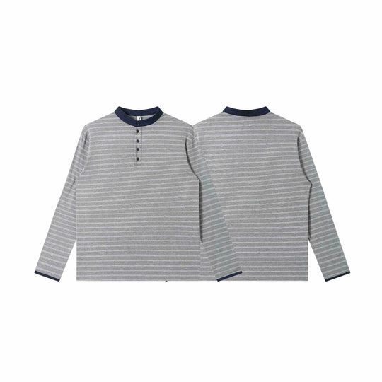 Herren Gestreiftes Langarm-Henleyshirt mit Stehkragen und feiner Ringelstruktur Nord Taschen