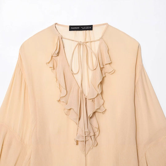 Damen Fließende Chiffon-Rüschentunika mit Volantärmeln und Bindeband Nord Taschen