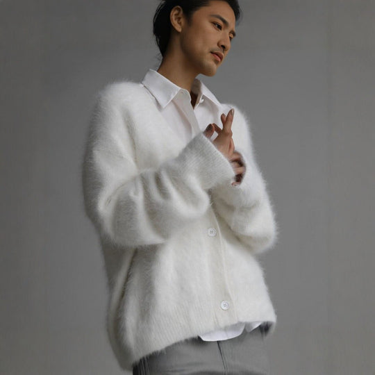 Damen Flauschige Mohair-Optik Strickjacke mit V-Ausschnitt und Oversize-Schnitt Nord Taschen