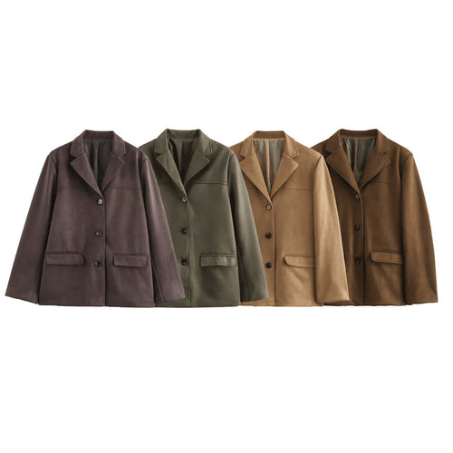 Damen elegante Velours-Optik Blazerjacke mit Reverskragen und Pattentaschen Nord Taschen