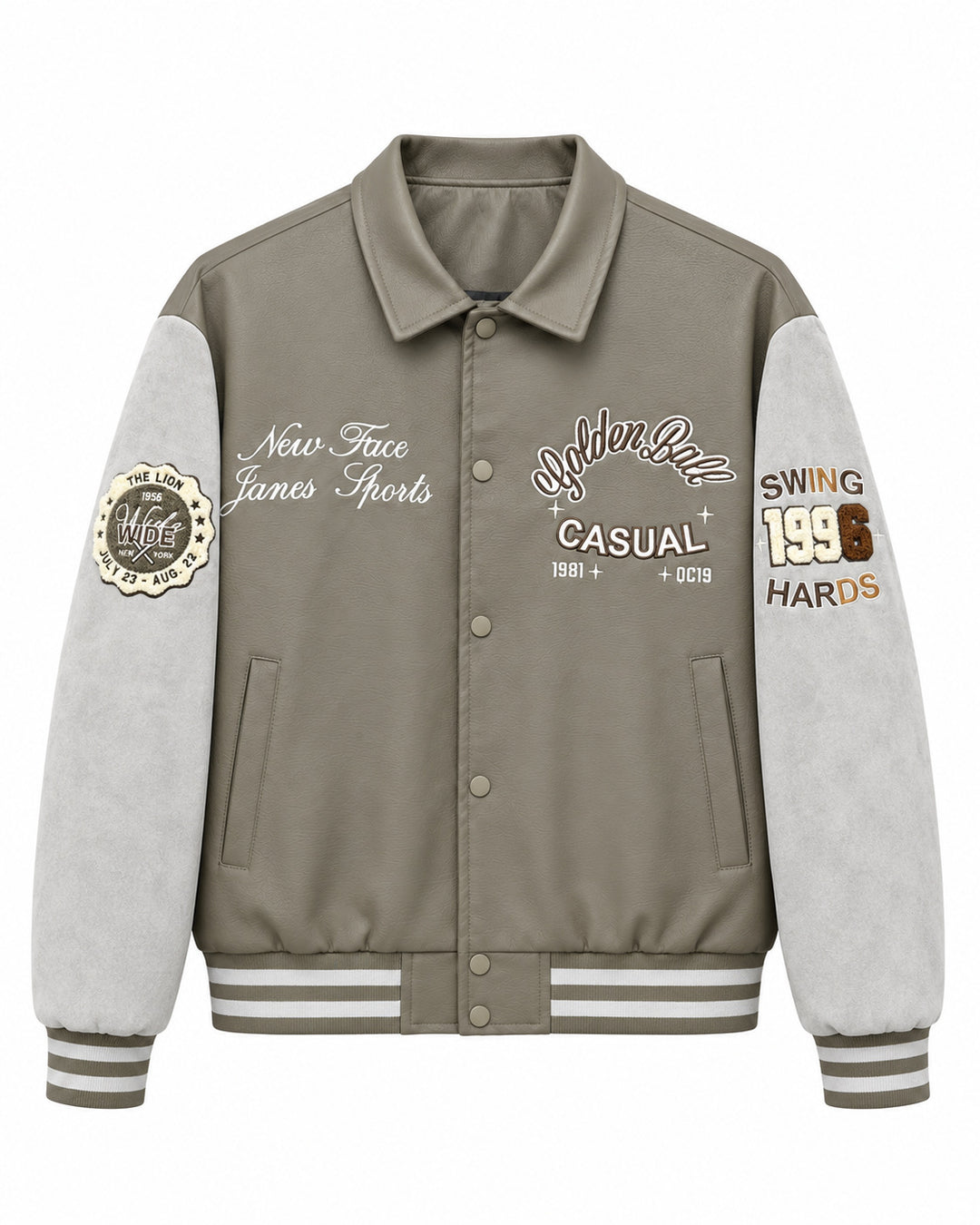 Herren Varsity-Lederoptik Collegejacke mit Kontrastärmeln, gestickten Patches und geripptem Saum Nord Taschen