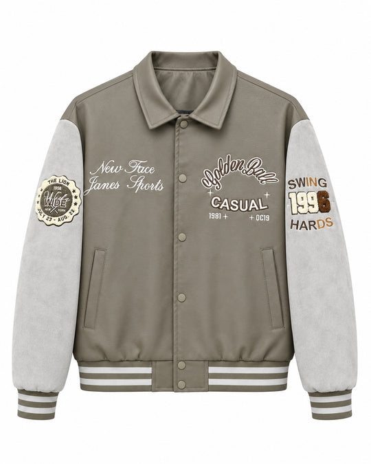 Herren Varsity-Lederoptik Collegejacke mit Kontrastärmeln, gestickten Patches und geripptem Saum Nord Taschen
