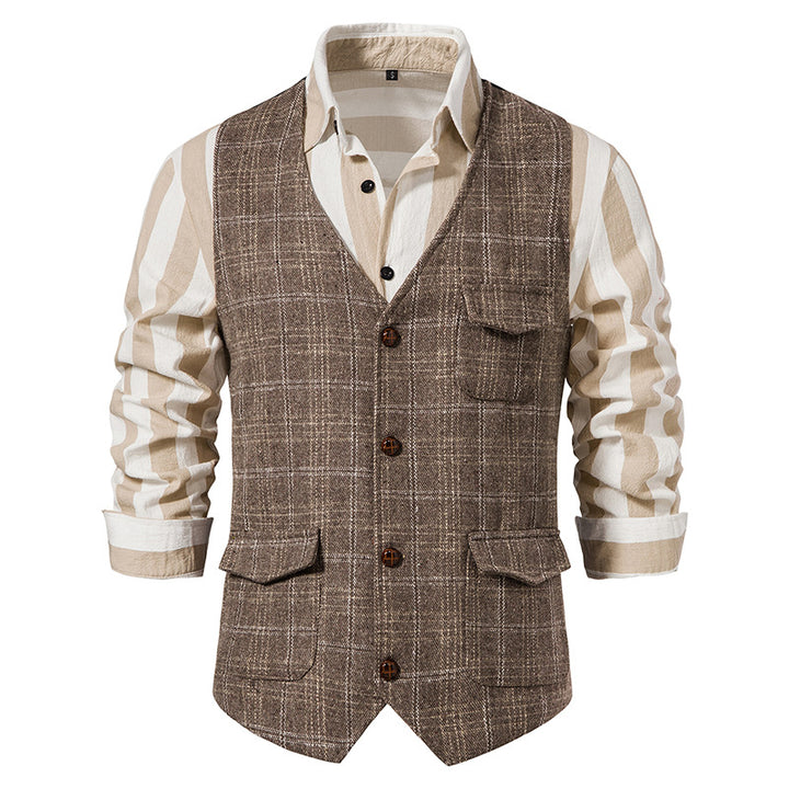Herren kariertes Wollmix Gilet mit Brusttasche und aufgesetzten Seitentaschen Nord Taschen