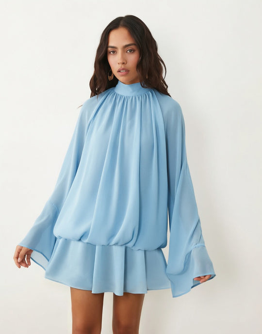 Damen Chiffon-Minikleid mit geraffter Blusentunika, Stehkragen und Volantrock Nord Taschen