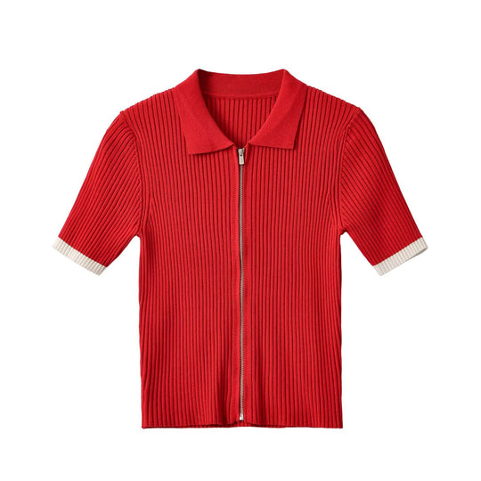 Damen Gerippte kurzärmelige Strickjacke mit durchgehendem Reißverschluss und Polokragen Nord Taschen