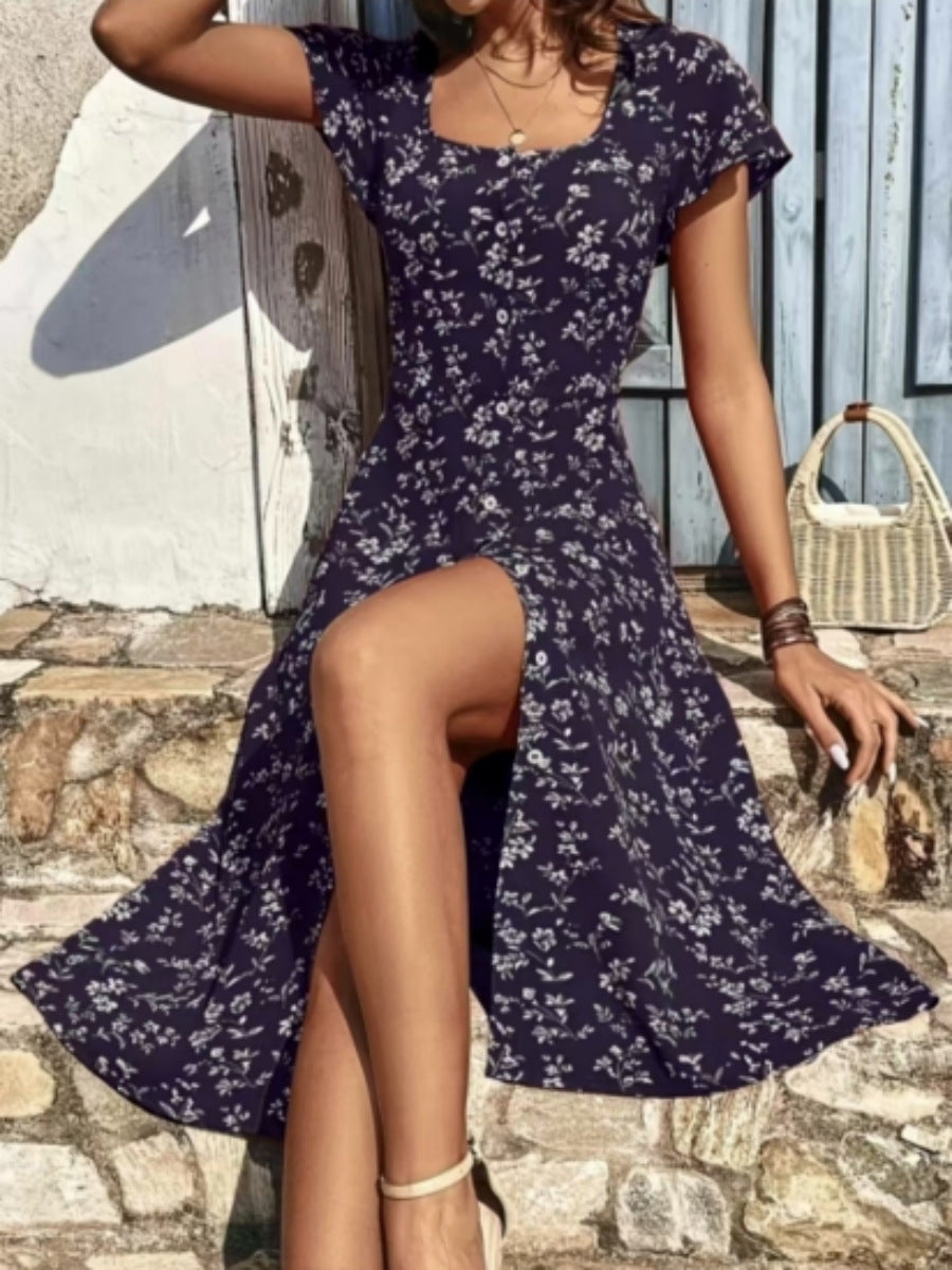 Damen Midi Kleid mit floralen Mustern und Knopfleiste