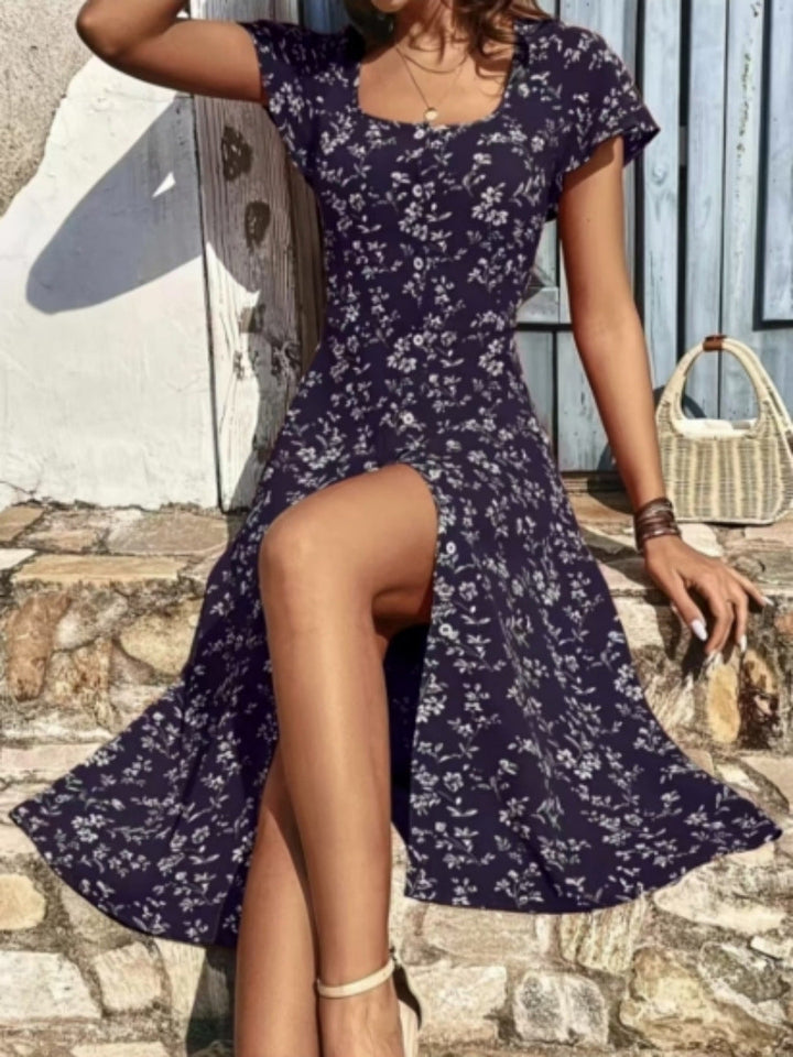 Damen Midi Kleid mit floralen Mustern und Knopfleiste