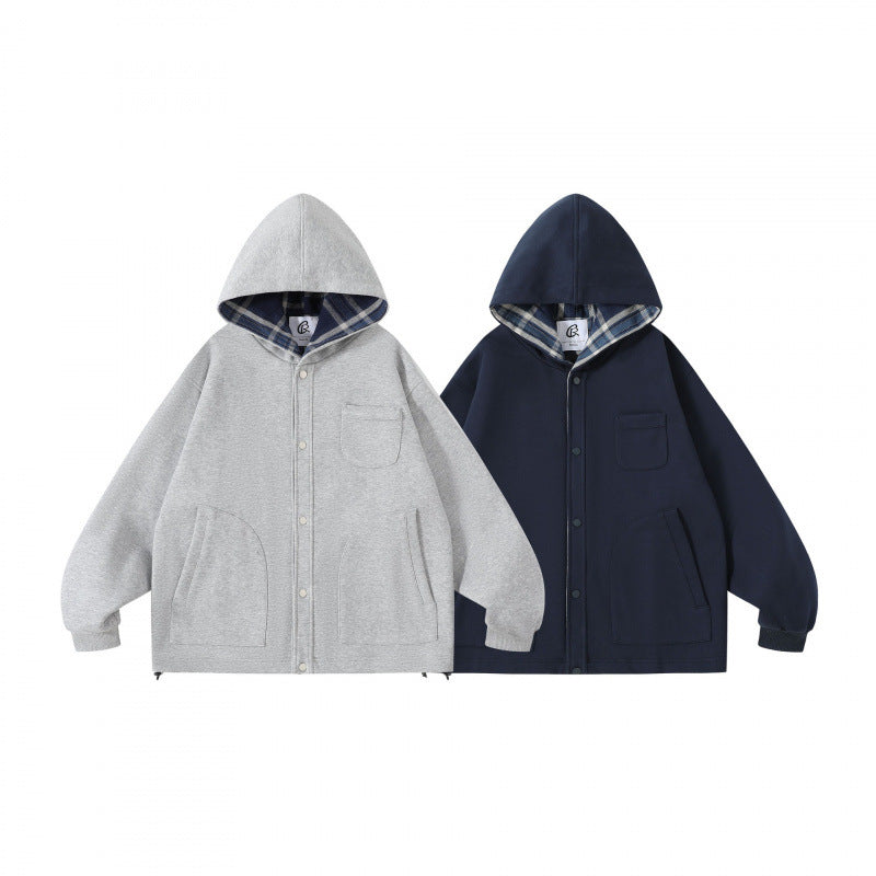 Unisex Oversize-Kapuzen-Überjacke mit kariert gefütterter Kapuze und Druckknopfleiste Nord Taschen