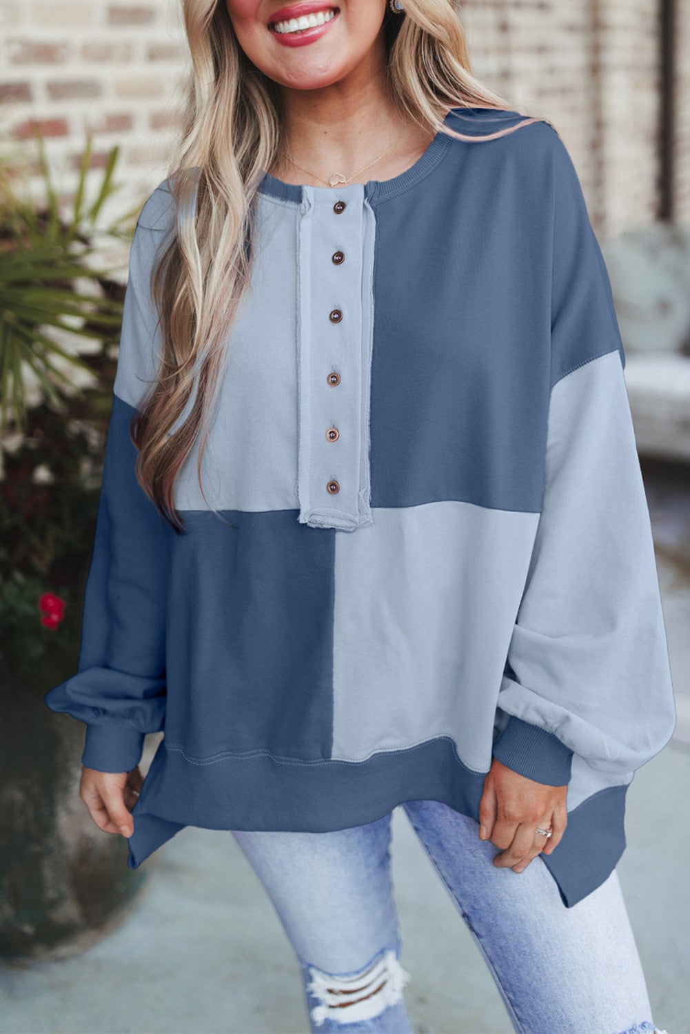 Damen Oversize-Longsleeve-Sweatshirt im Colorblock mit Henley-Knopfleiste und Ballonärmeln Nord Taschen