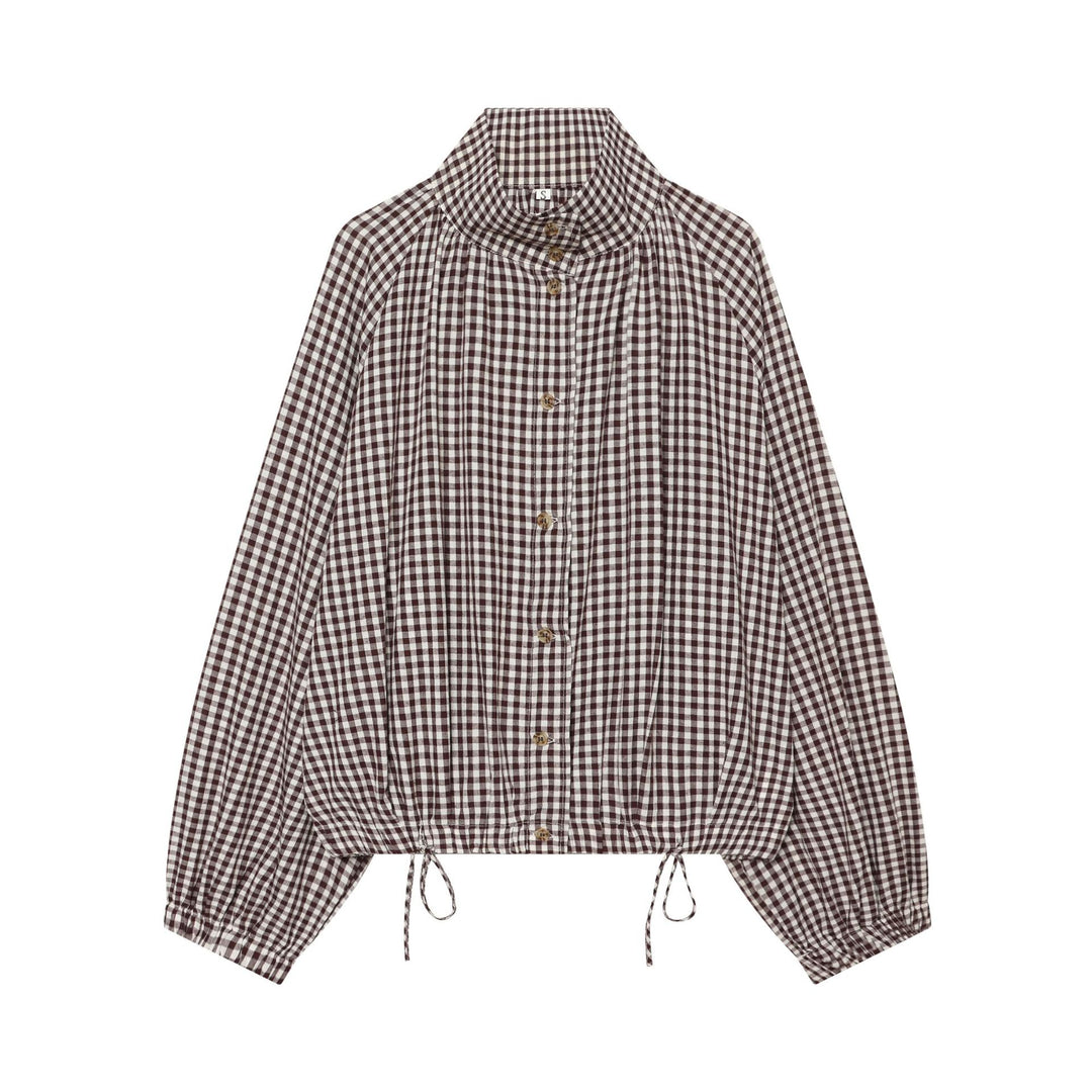 Damen Karierte Cropped‑Bluse mit Stehkragen, Tunnelzugsaum und Ballonärmeln Nord Taschen