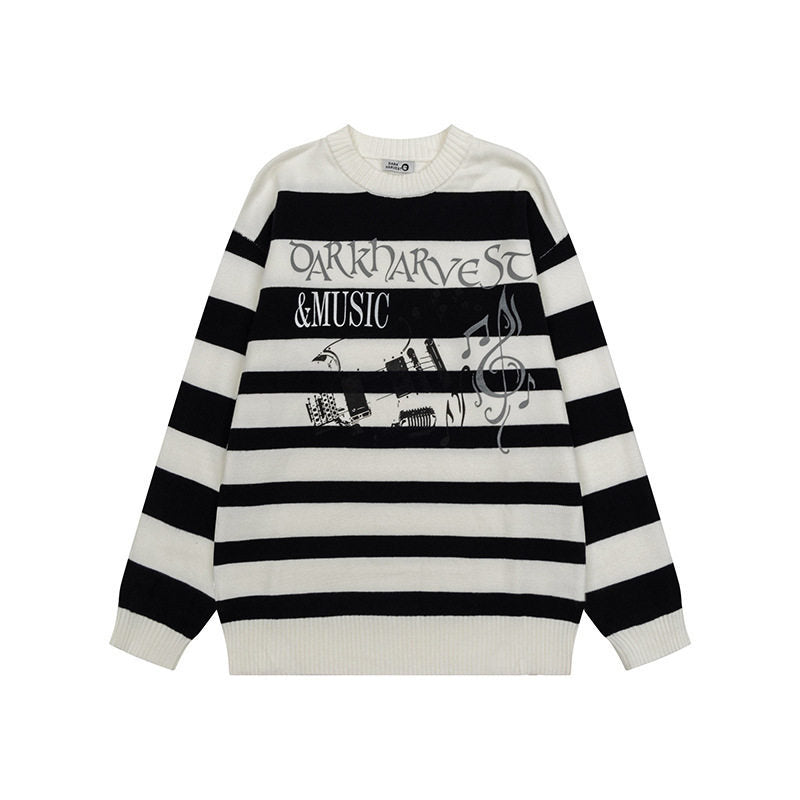 Damen Gestreifter Oversize-Strickpullover mit Rundhals und Musik-Grafik Nord Taschen