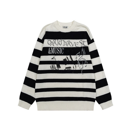 Damen Gestreifter Oversize-Strickpullover mit Rundhals und Musik-Grafik Nord Taschen